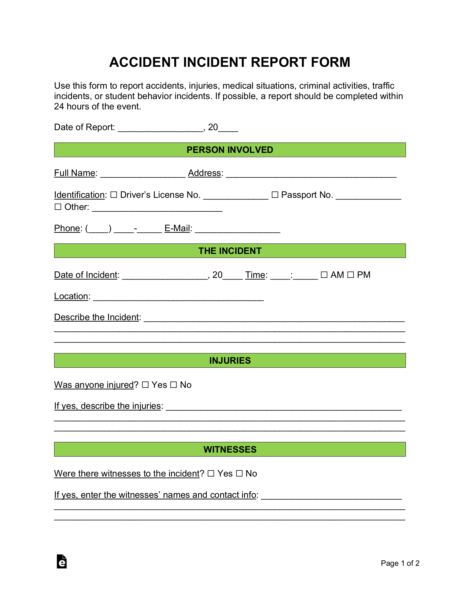 Free Incident Report Templates PDF Word EForms