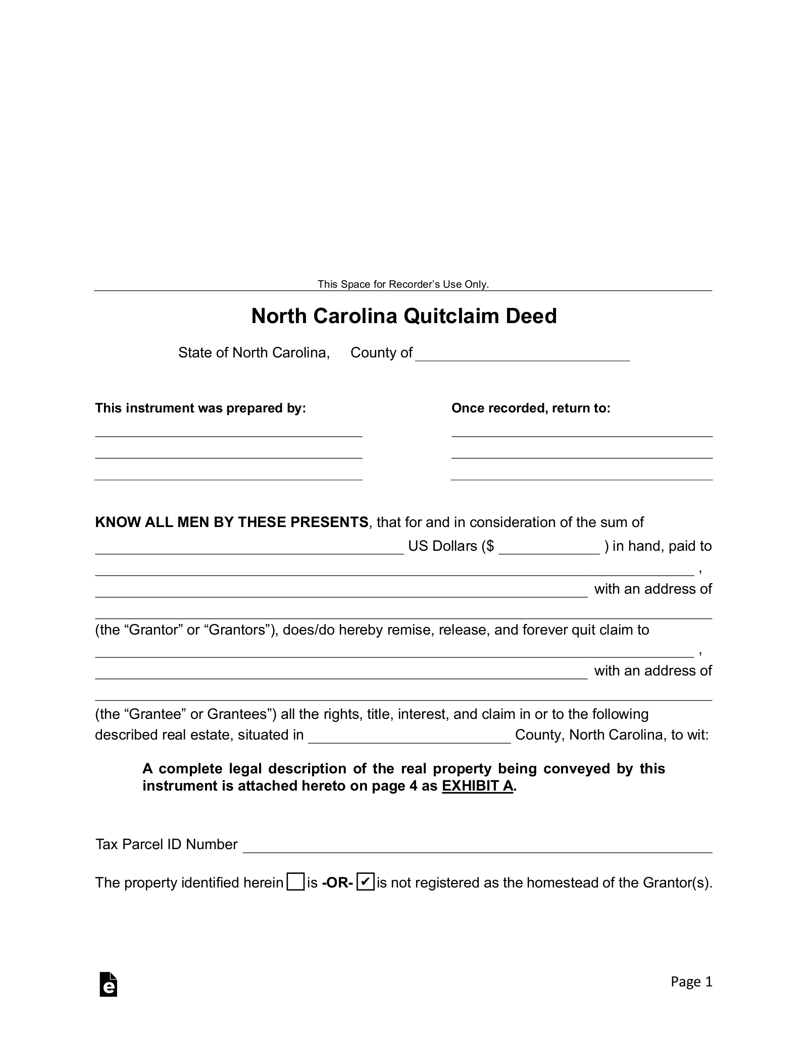 Free North Carolina Quit Claim Deed Form PDF Word EForms
