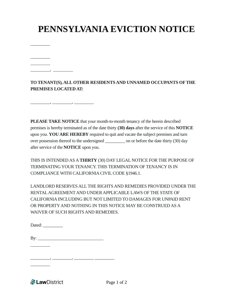 Free Pennsylvania Eviction Notice Free PDF Template LawDistrict
