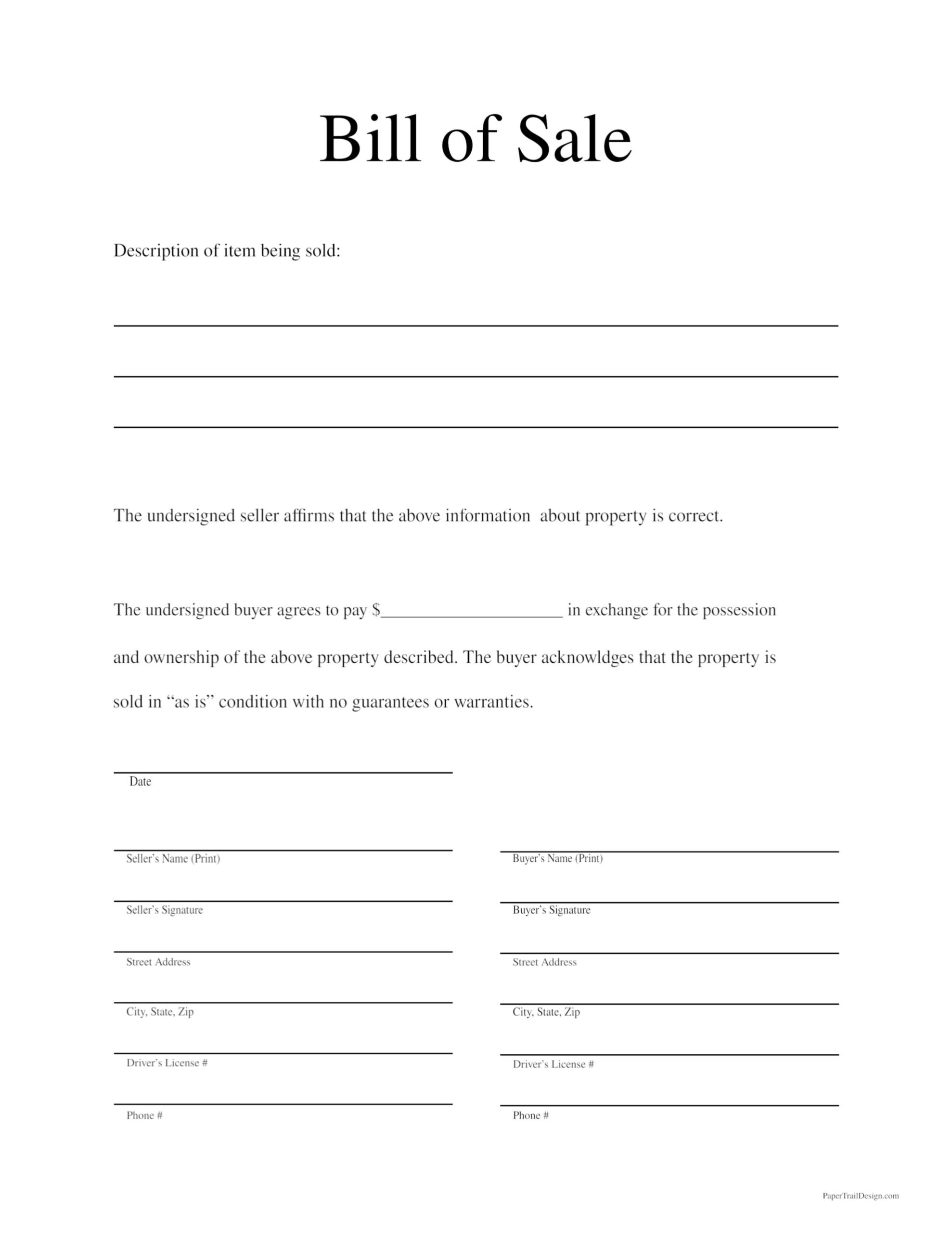 Bill Of Sale Free Printable