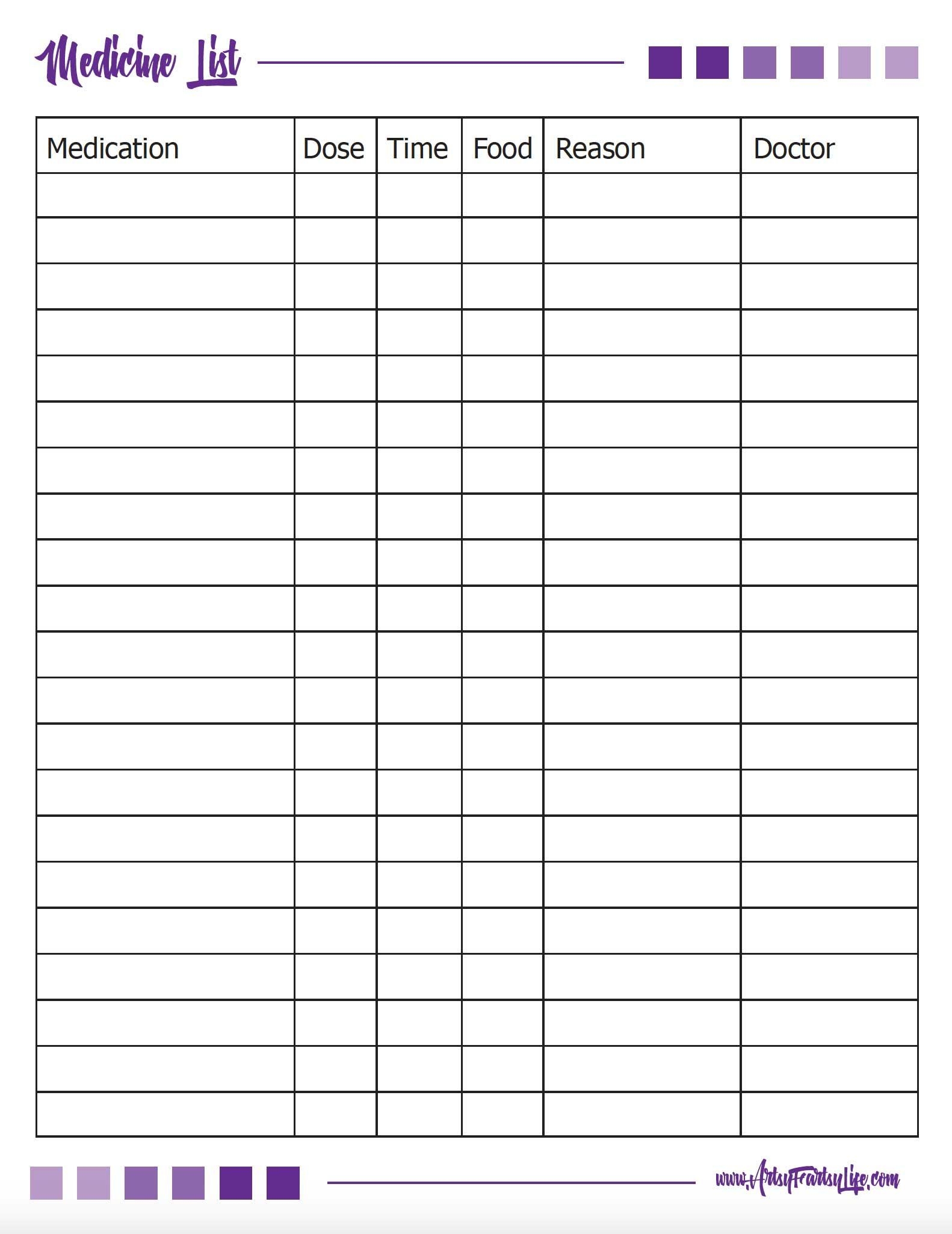 Free Printable Medicine List For Caregivers