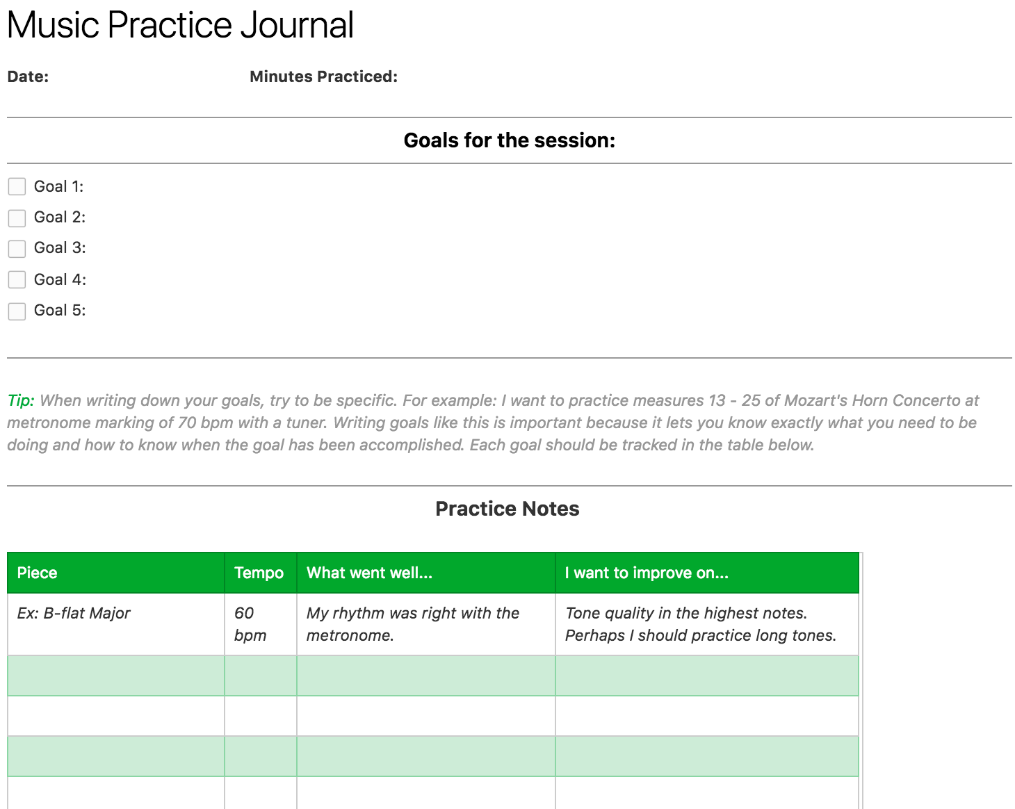 Free Printable Practice Journals For Musicians