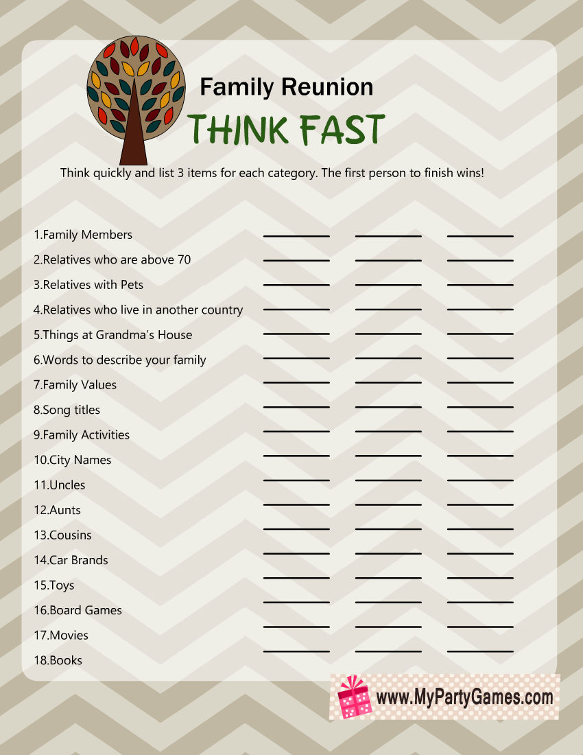 Free Printable Think Fast Family Reunion Game