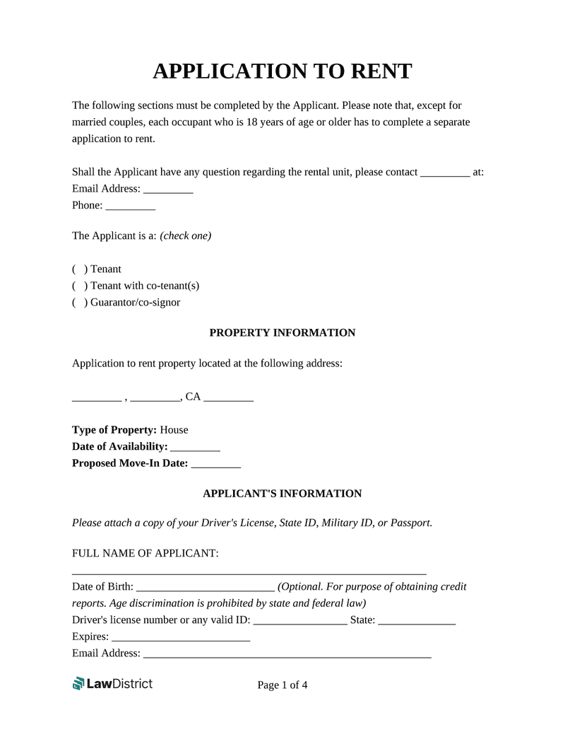Free Rental Application Form PDF Word Template LawDistrict