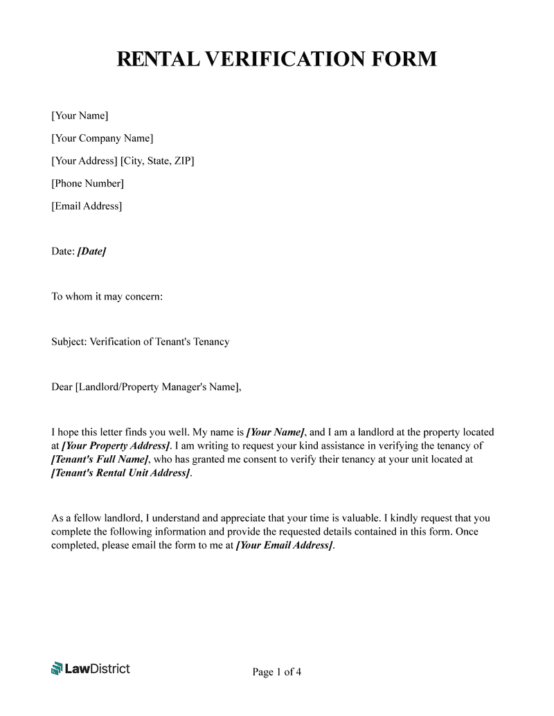 Free Rental Verification Form Download Print LawDistrict