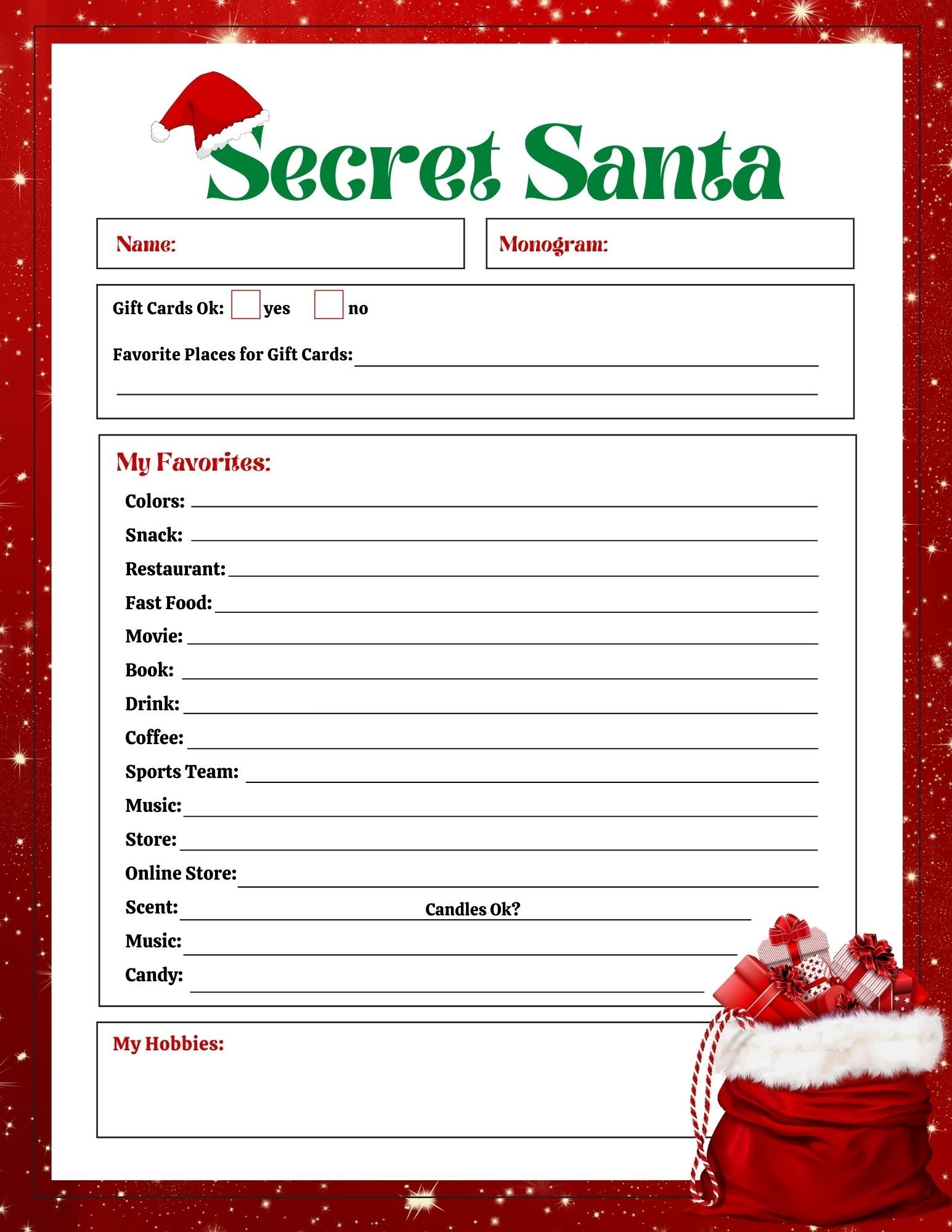 FREE Secret Santa List Printable Questionnaire 2 Options 