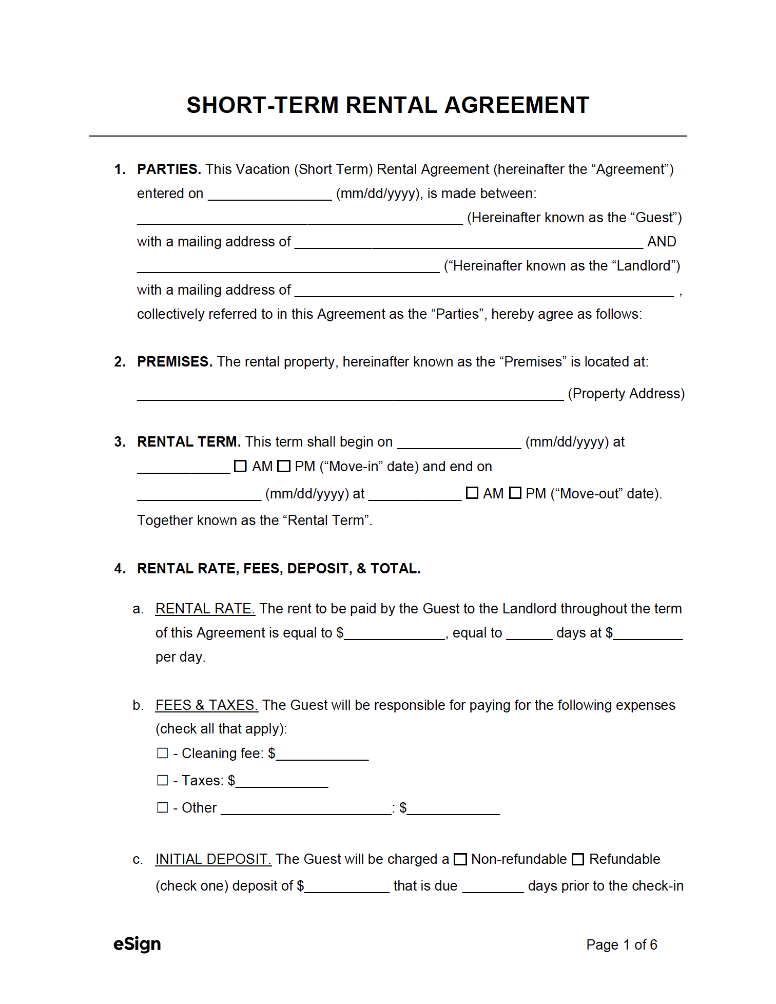 Free Short Term Vacation Lease Agreement Template PDF Word