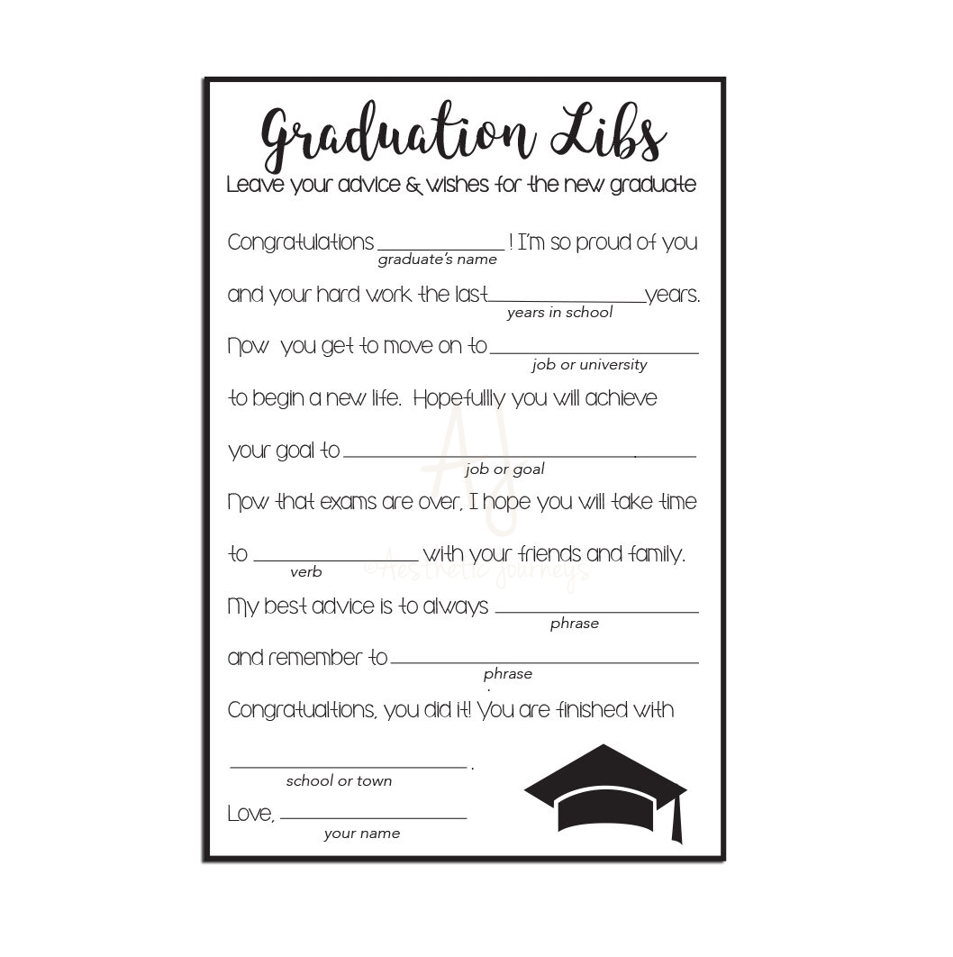 Graduation Mad Libs Libs Advice Cards Set Of 10 Aesthetic Journeys Designs