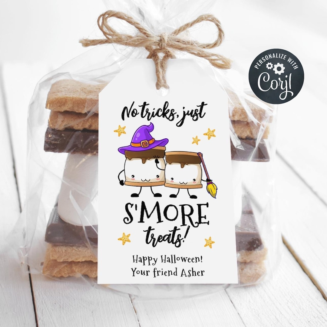 Halloween S mores Gift Tag Template Printable No Tricks Just Smore Treats Favor Tag Editable School Halloween Treat Tag Instant Download Etsy