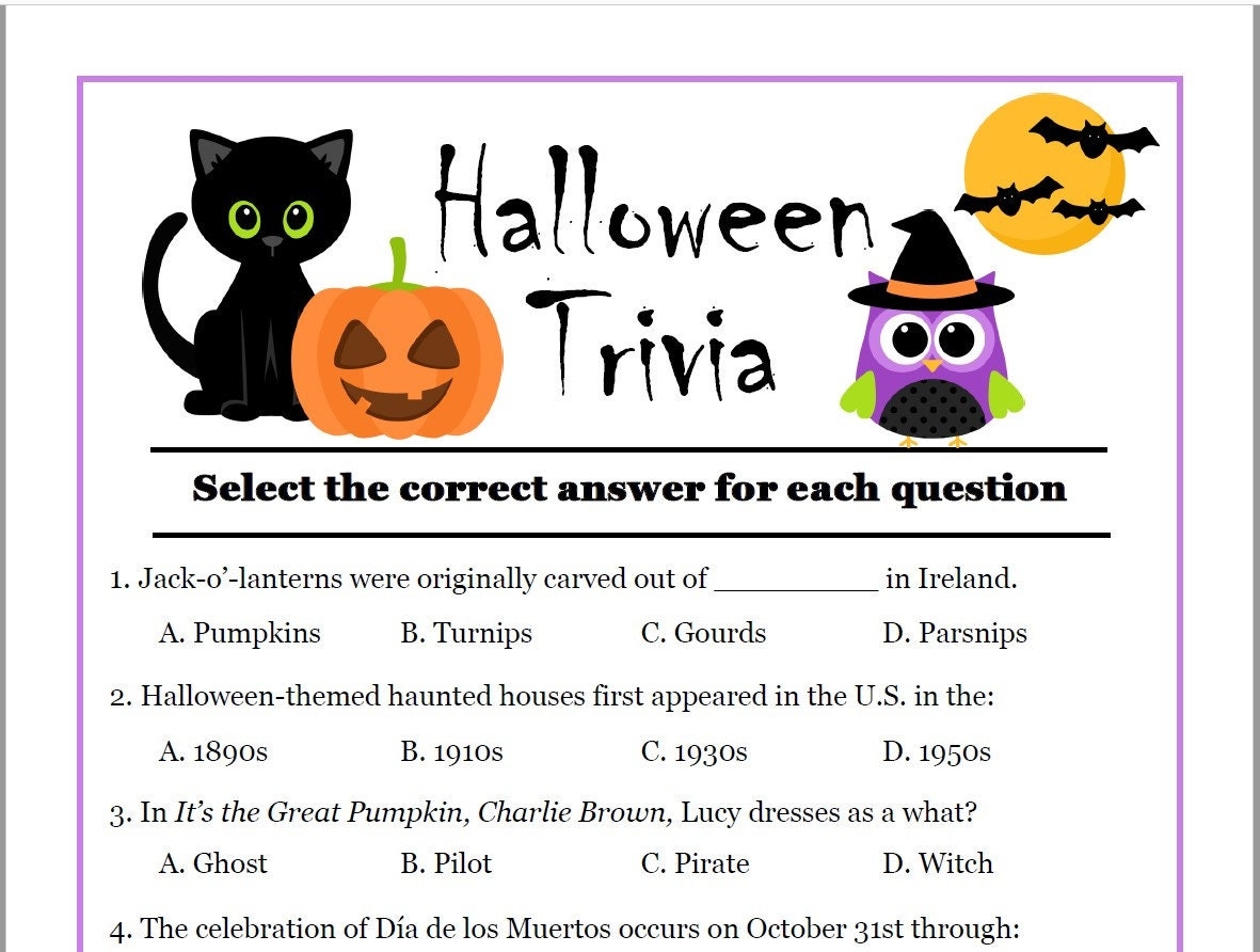 Halloween Trivia Pack 1 Printable Halloween Activities Pack Of 30 Questions With Answers Etsy