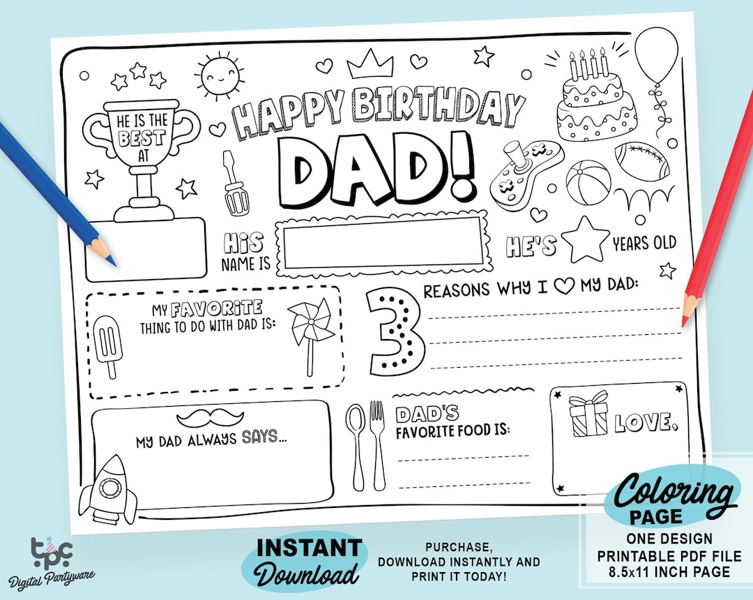 Happy Birthday Dad Coloring Page Printable All About Dad Fill In Template Fathers Birthday Activity Dads Printable Gift For Kids Etsy