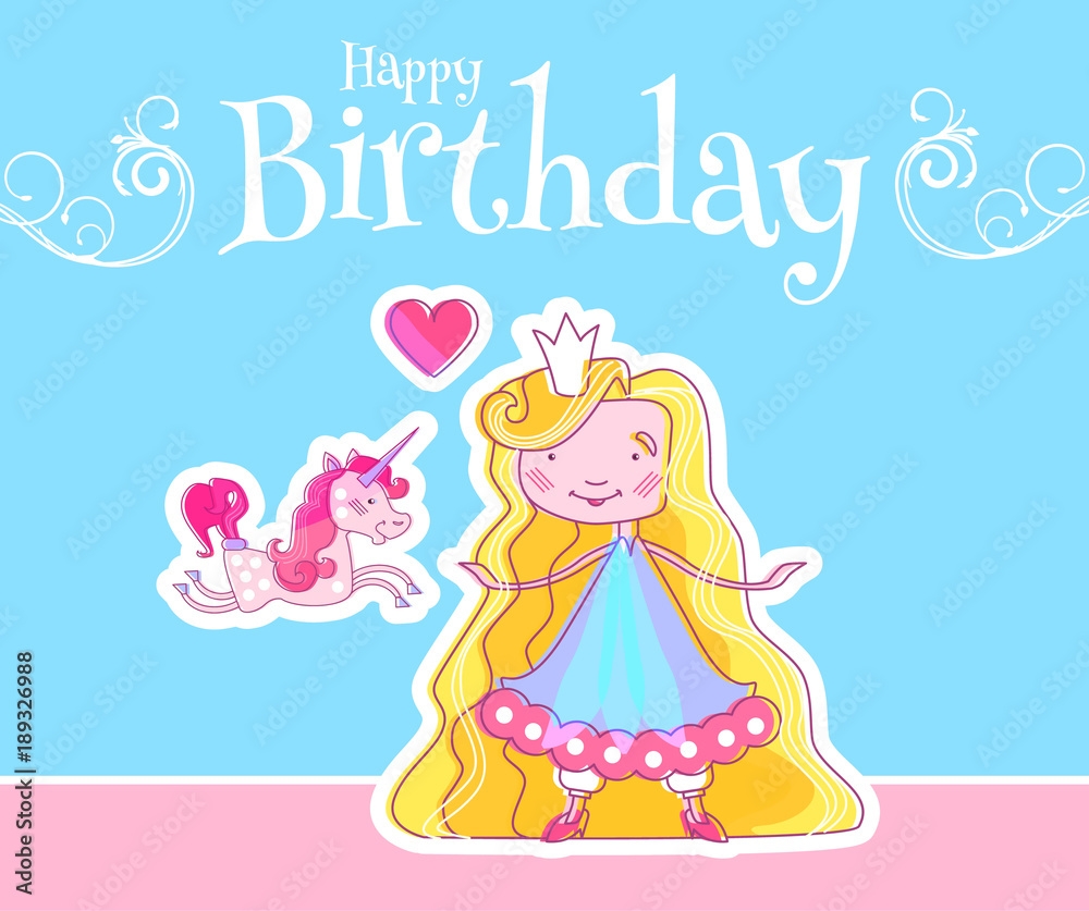 Happy Little Princess Birthday Card Template With Fairy Girl Magic Unicorn And Pink Heart Vector Illustration Stock Vector Adobe Stock