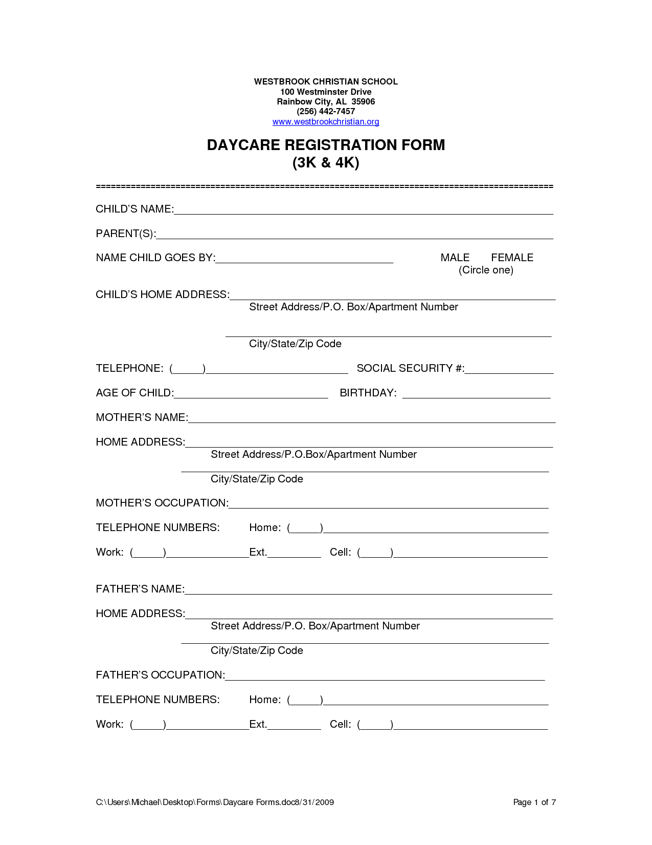Home Day Care Forms 10 Free PDF Printables Printablee