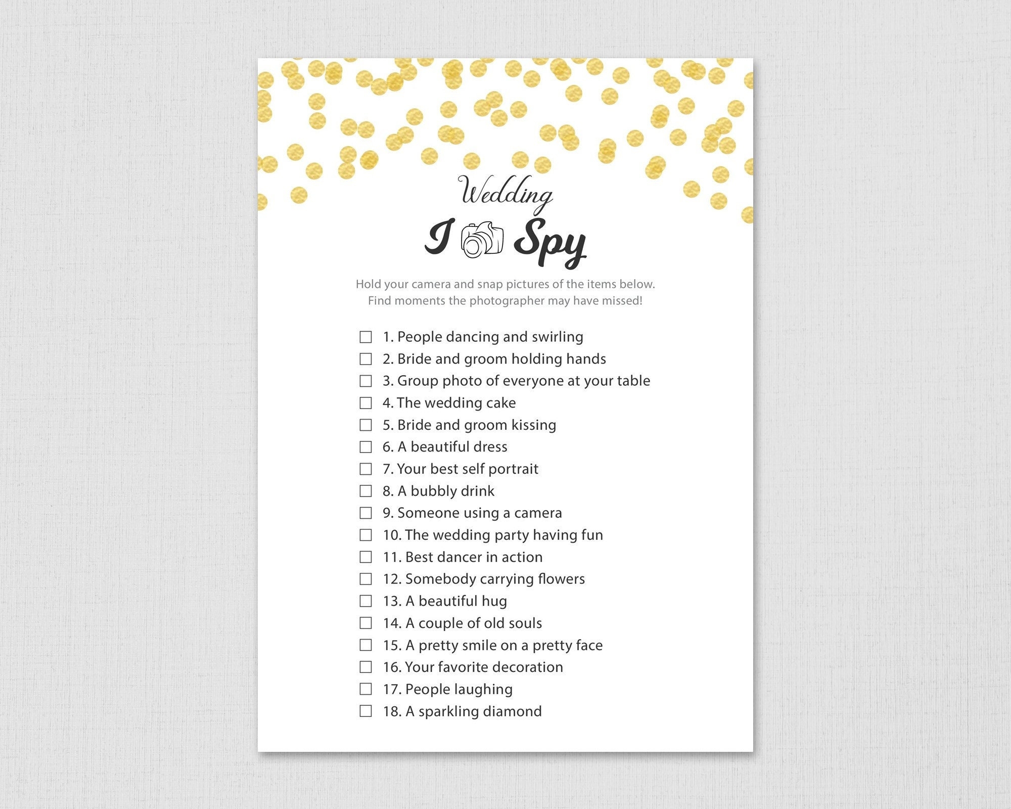 I Spy Wedding Reception Games Printable Gold Confetti Bridal Shower Games Newlywed Instant Download I spy Wedding Shower Games A001 Etsy