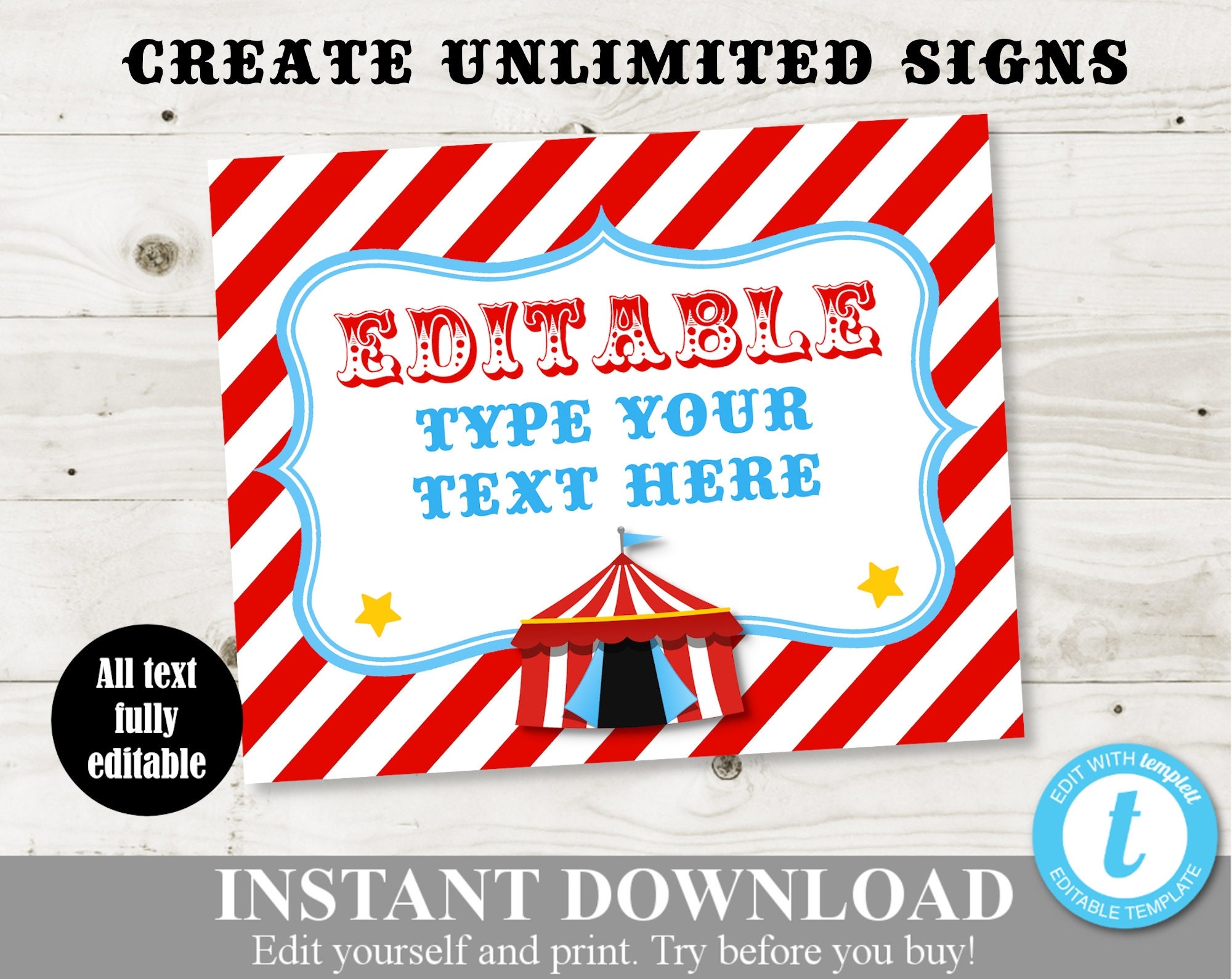 INSTANT DOWNLOAD Circus Carnival Editable 8x10 Sign Editable You Type Text Circus Collection Item 1005 Etsy