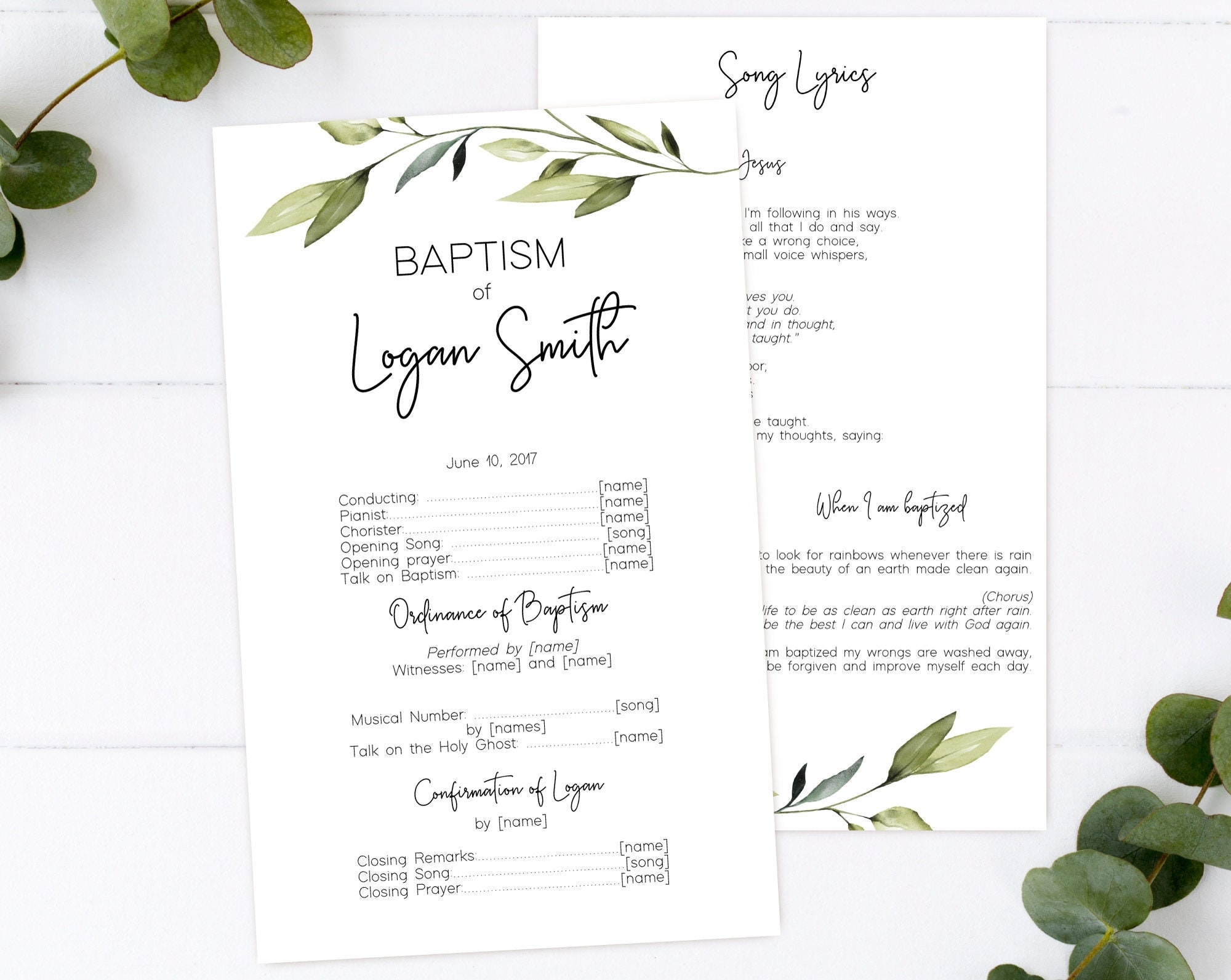 LDS Baptism Program Printable Neutral Baptism Program Greenery Olive Leaves Foliage Editable LDS Baptism Program Template Corjl GE02 Etsy