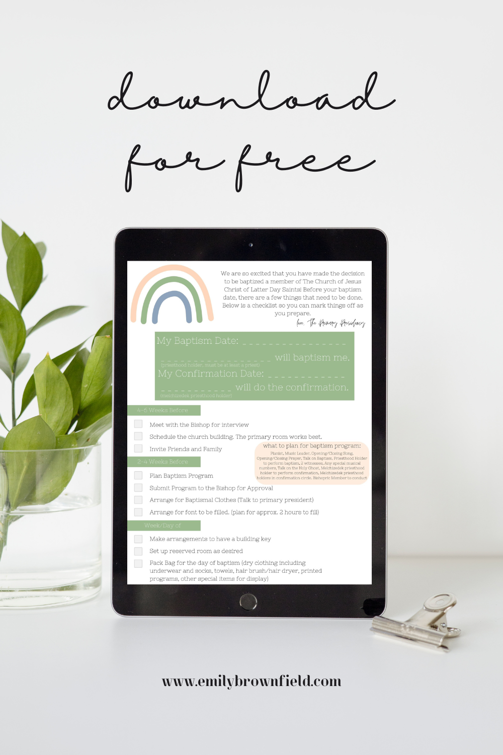 LDS Primary Baptism Checklist Free Printable Emily Brownfield