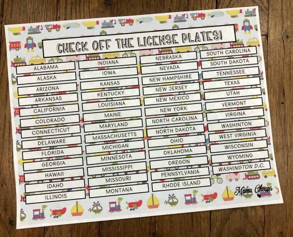 License Plate Game Printable Free