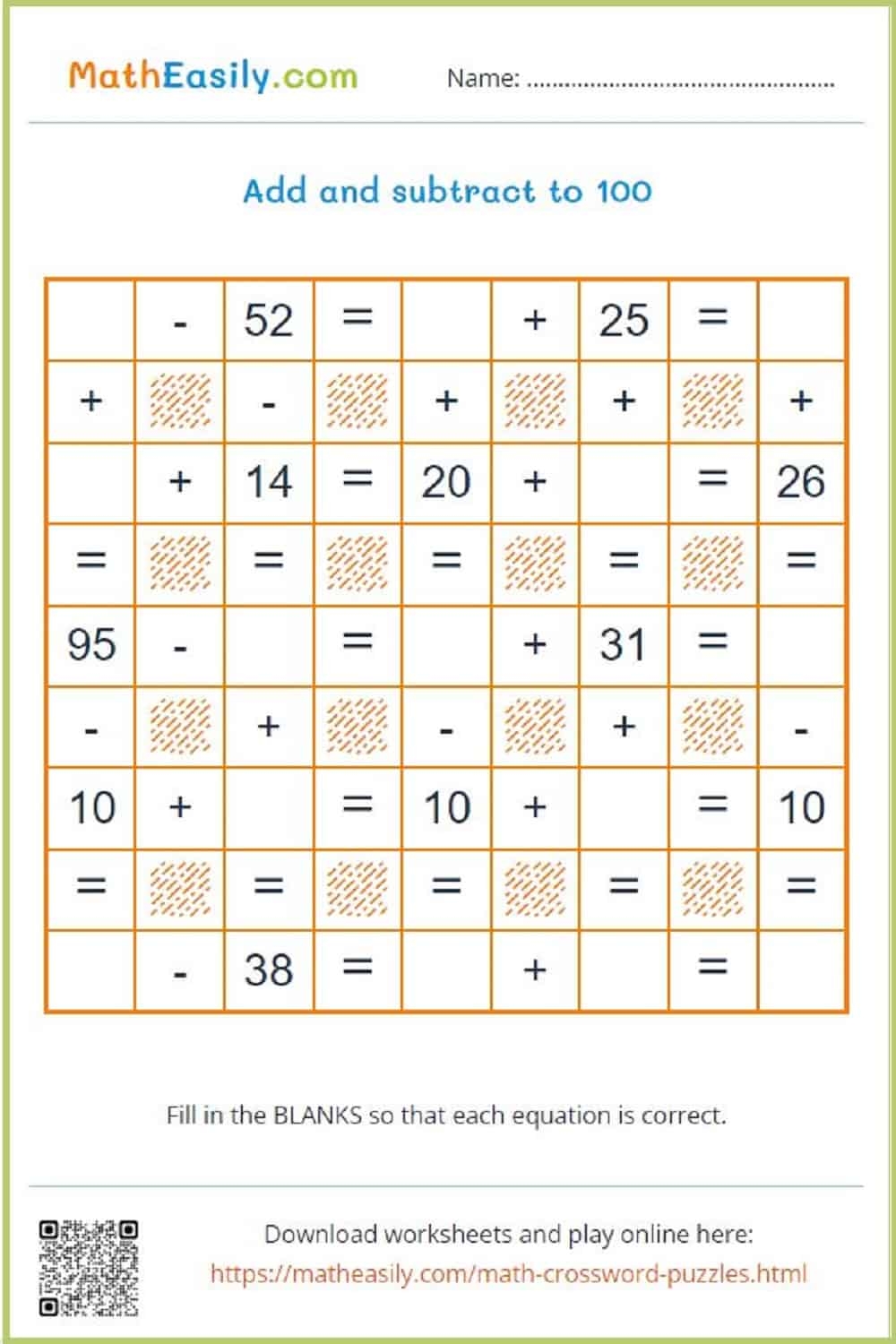 Math Crossword Puzzles ONLINE Games Worksheets