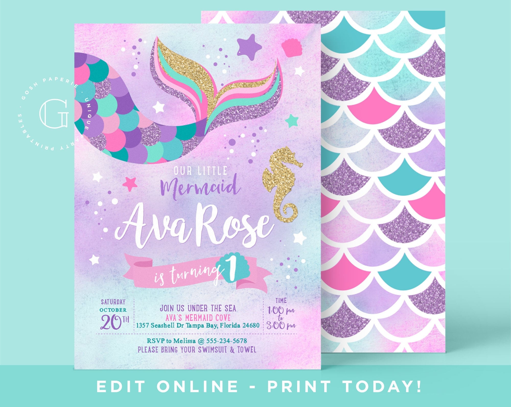 Mermaid Invitation Mermaid Birthday Invitation Pool Party Invitation Mermaid Printables Mermaid Birthday Party Under The Sea Corjl Etsy