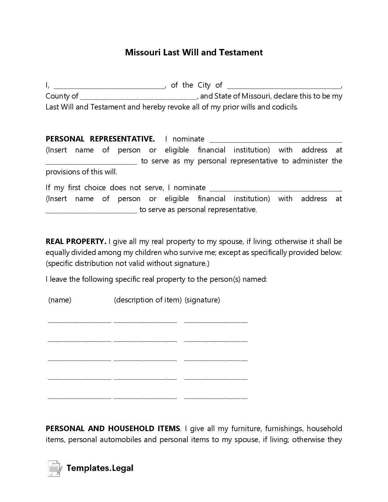 Missouri Last Will And Testament Templates Free Word PDF ODT 