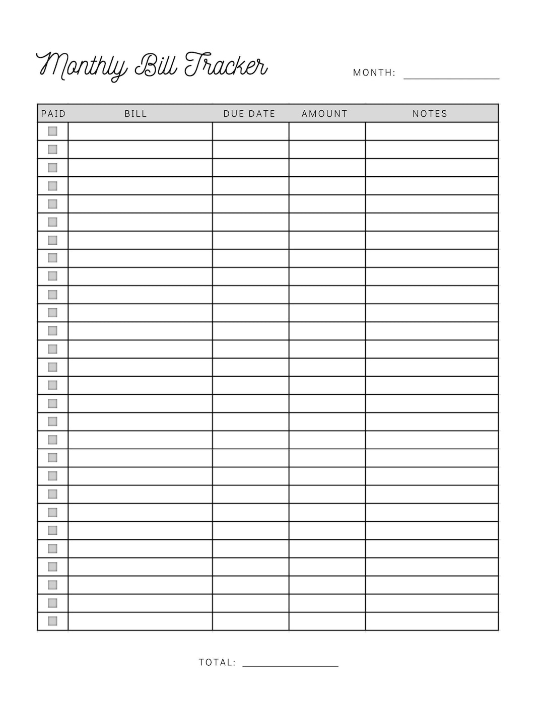 Monthly Bill Payment Tracker Printable Bill Pay Checklist Organizer Bill Log Planner Instant Download Etsy