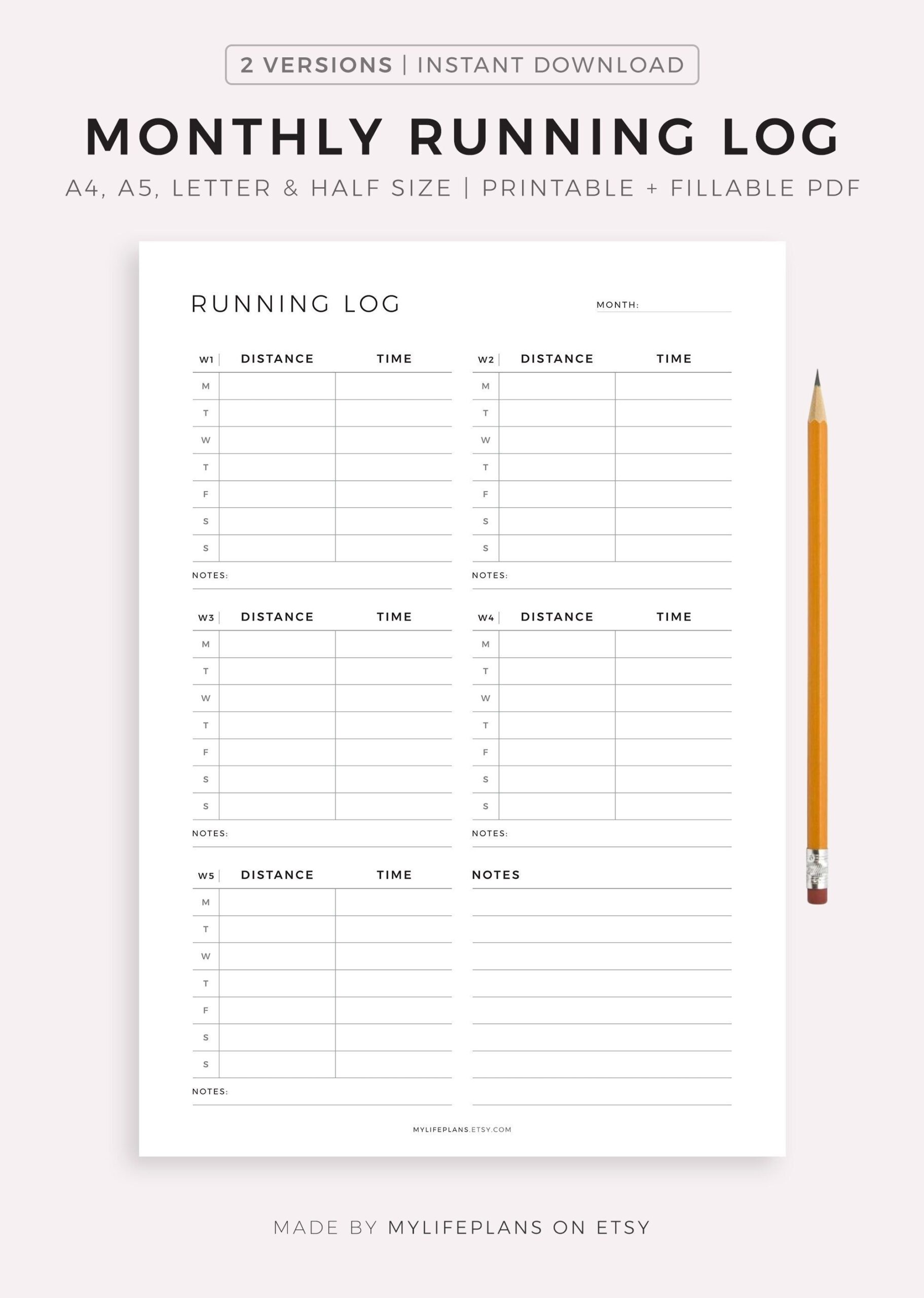 Monthly Running Log Printable Template Running Journal Cardio Training Log Running Tracker Fitness Goals A4 a5 letter half Size Etsy