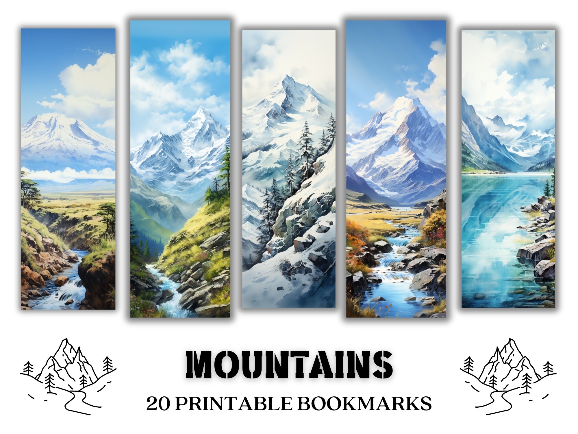 Mountains Printable Bookmarks 20 Watercolor Nature Landscapes PNG JPG Files Mountain Printables Sublimation Instant Digital Download Etsy