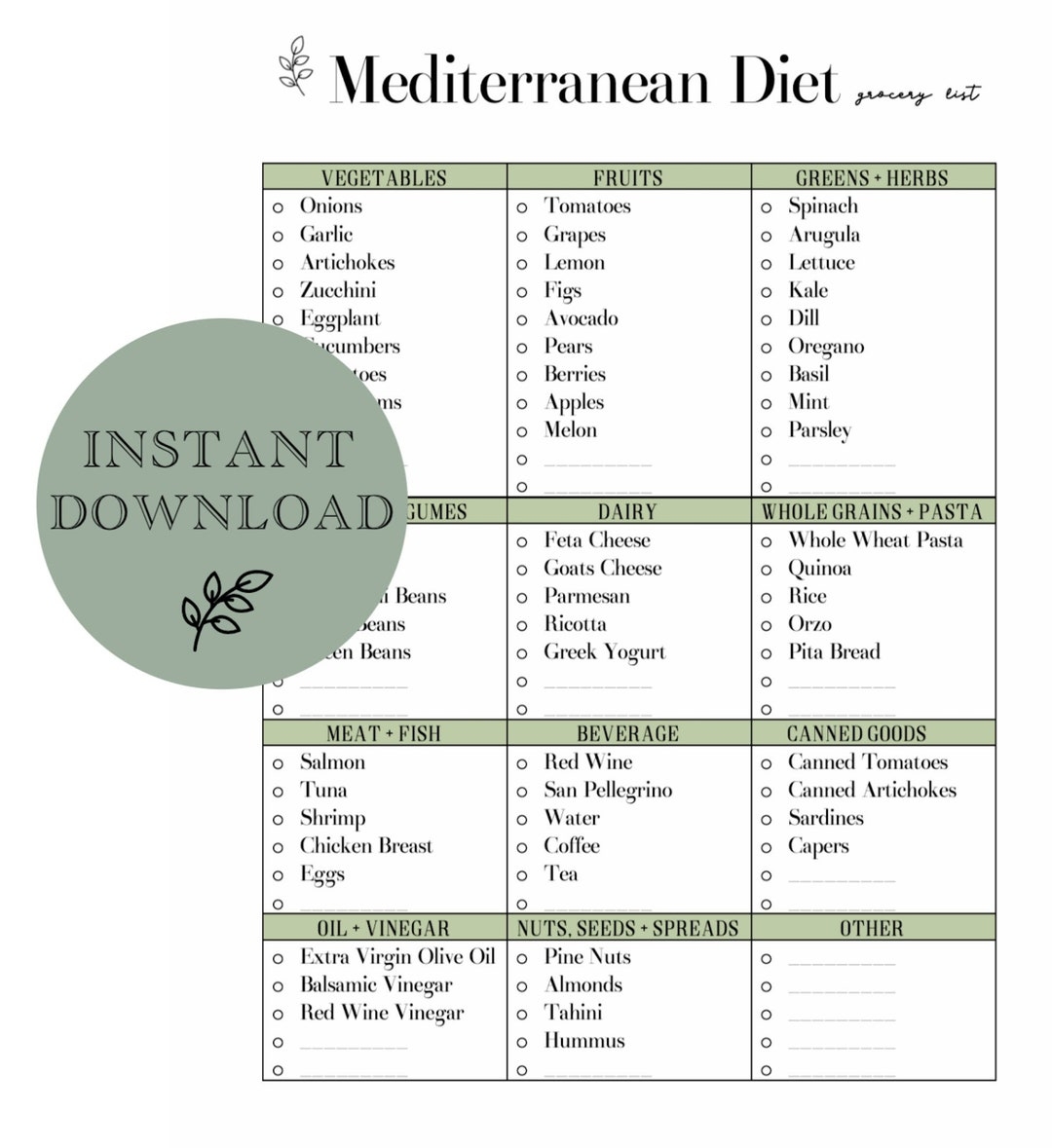 New Years Resolution Printable Mediterranean Diet Grocery List Clean Design Instant Download PDF Etsy