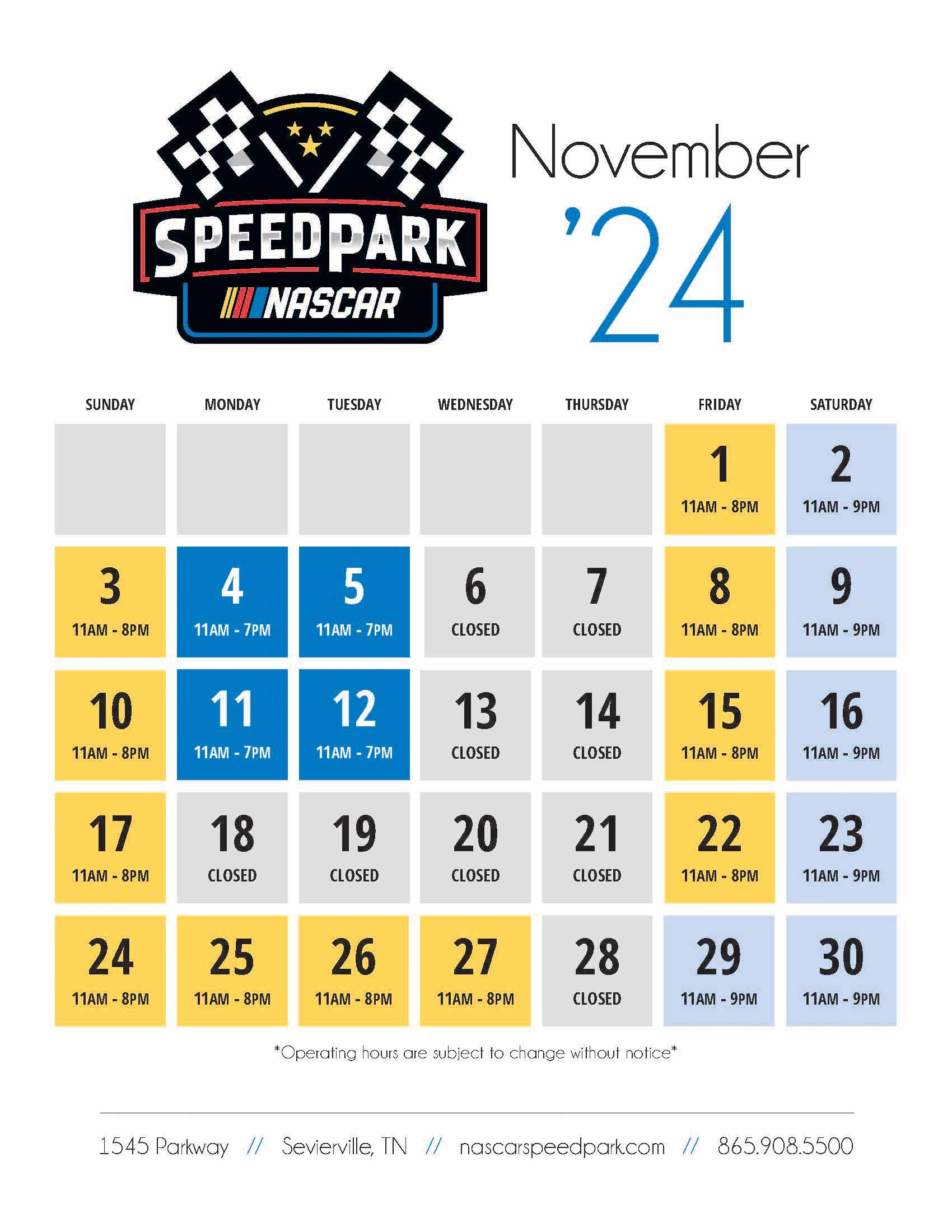 Operating Calendar NASCAR Speedpark