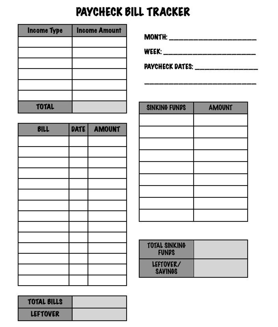 Paycheck Bill Tracker Digital Download Etsy