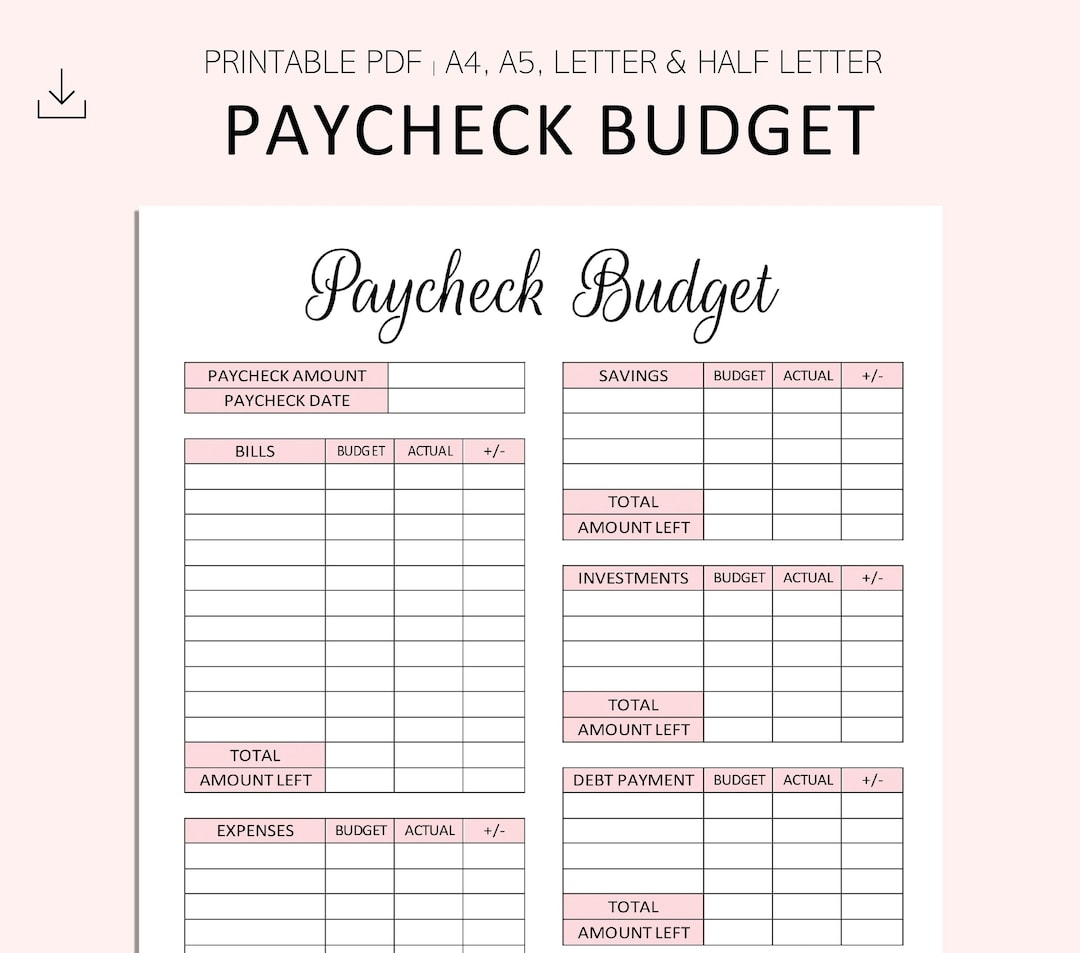 Paycheck Budget Printable PDF A4 A5 Letter Half Letter Etsy