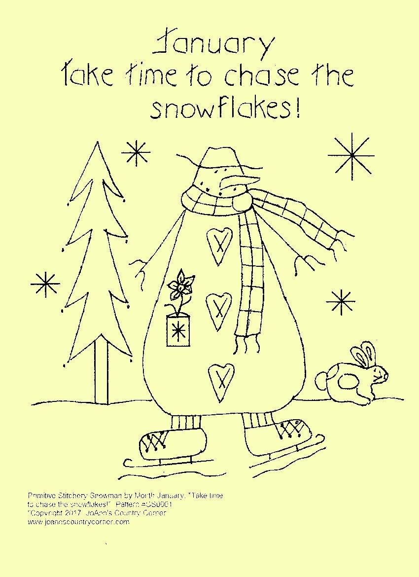 Primitive Stitchery E pattern Snowman By Month January Take Time To Chase The Snowflakes Etsy