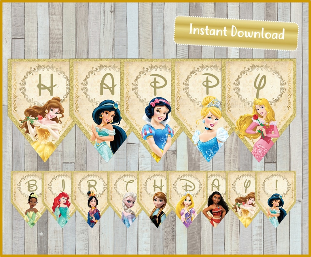Princess Birthday Banner Princess Happy Birthday Banner Printable Princess Party Banner Instant Download Etsy