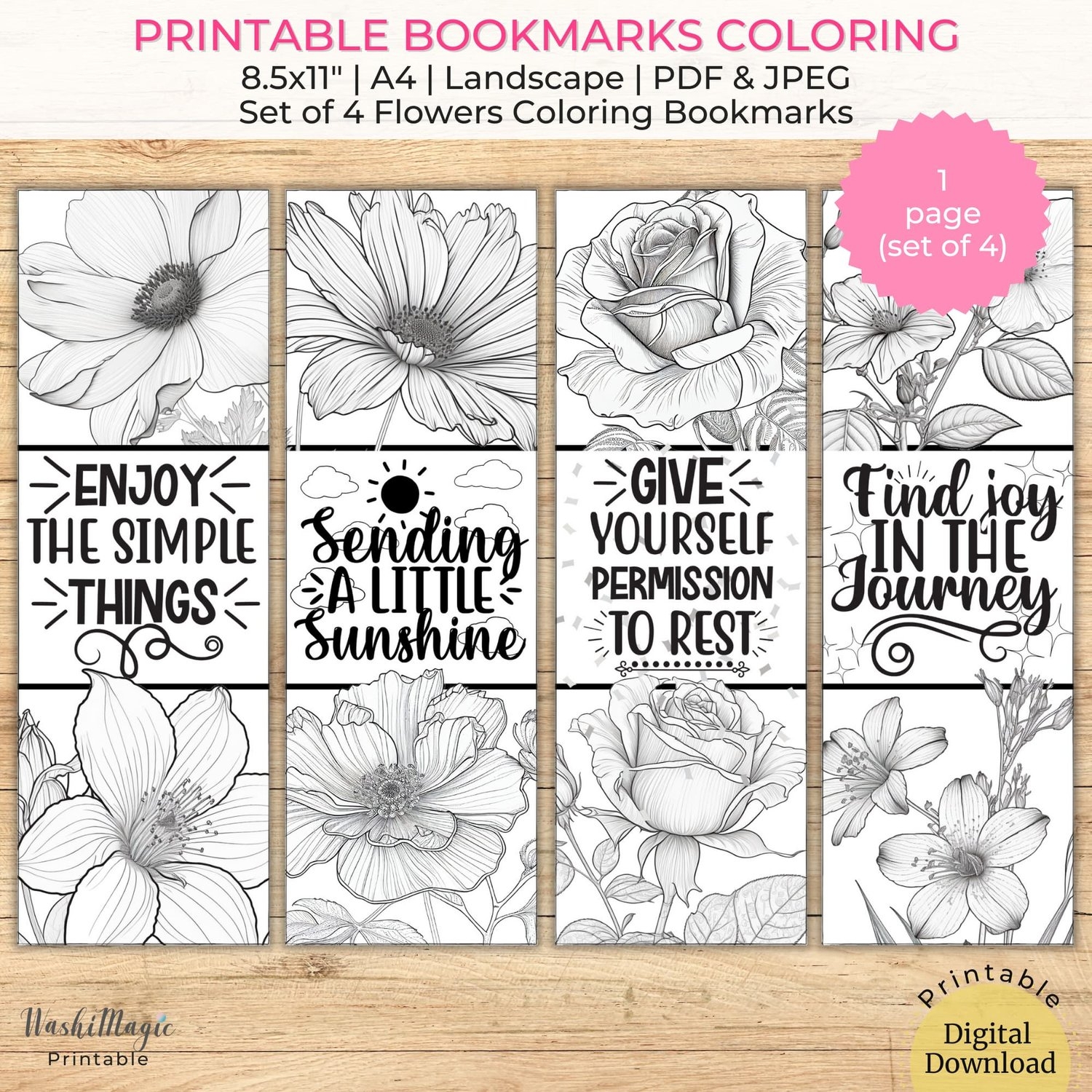 Printable Bookmarks Set Of 4 Flowers Coloring Bookmarks To Color Payhip