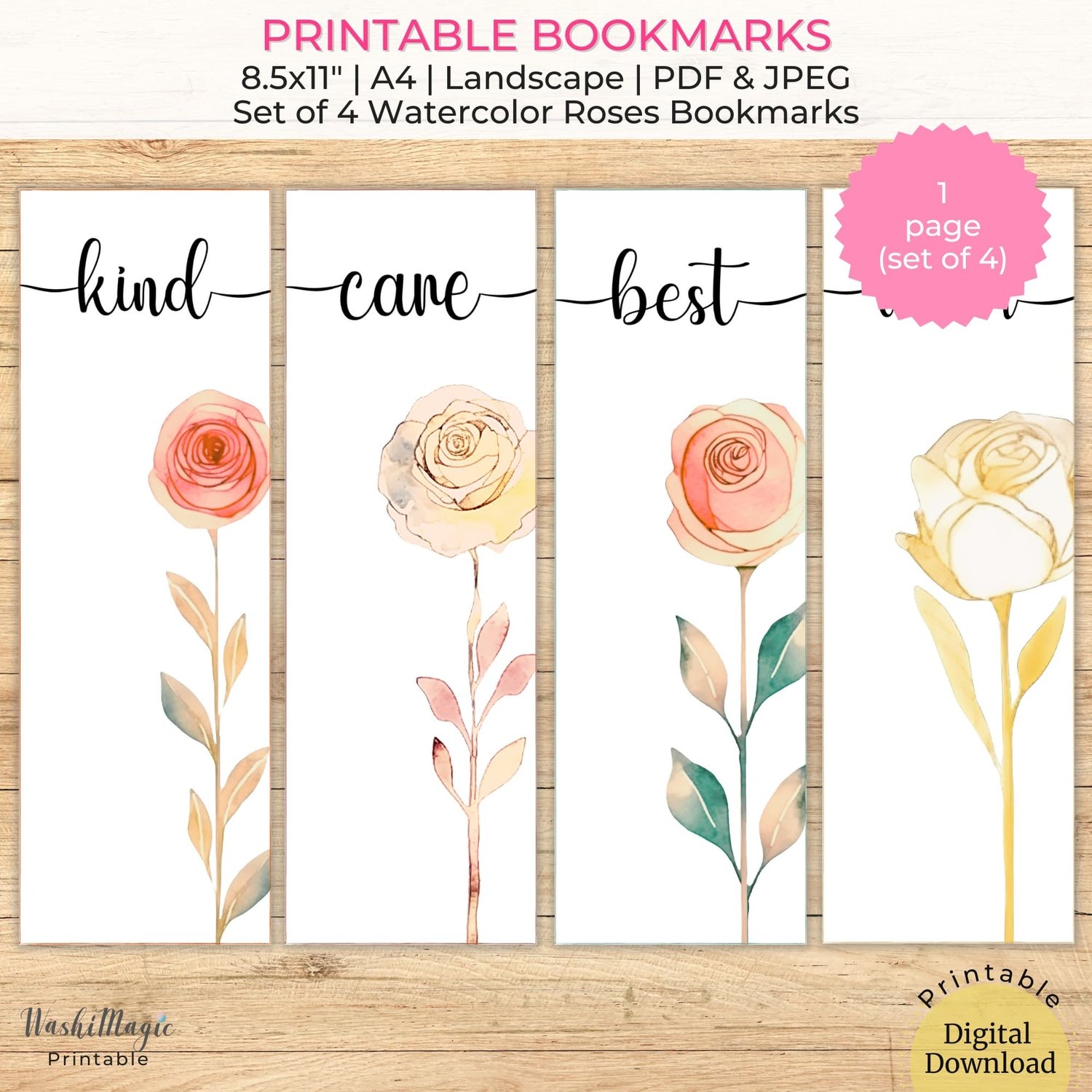 Printable Bookmarks Set Of 4 Watercolor Roses Flower Bookmarks Payhip