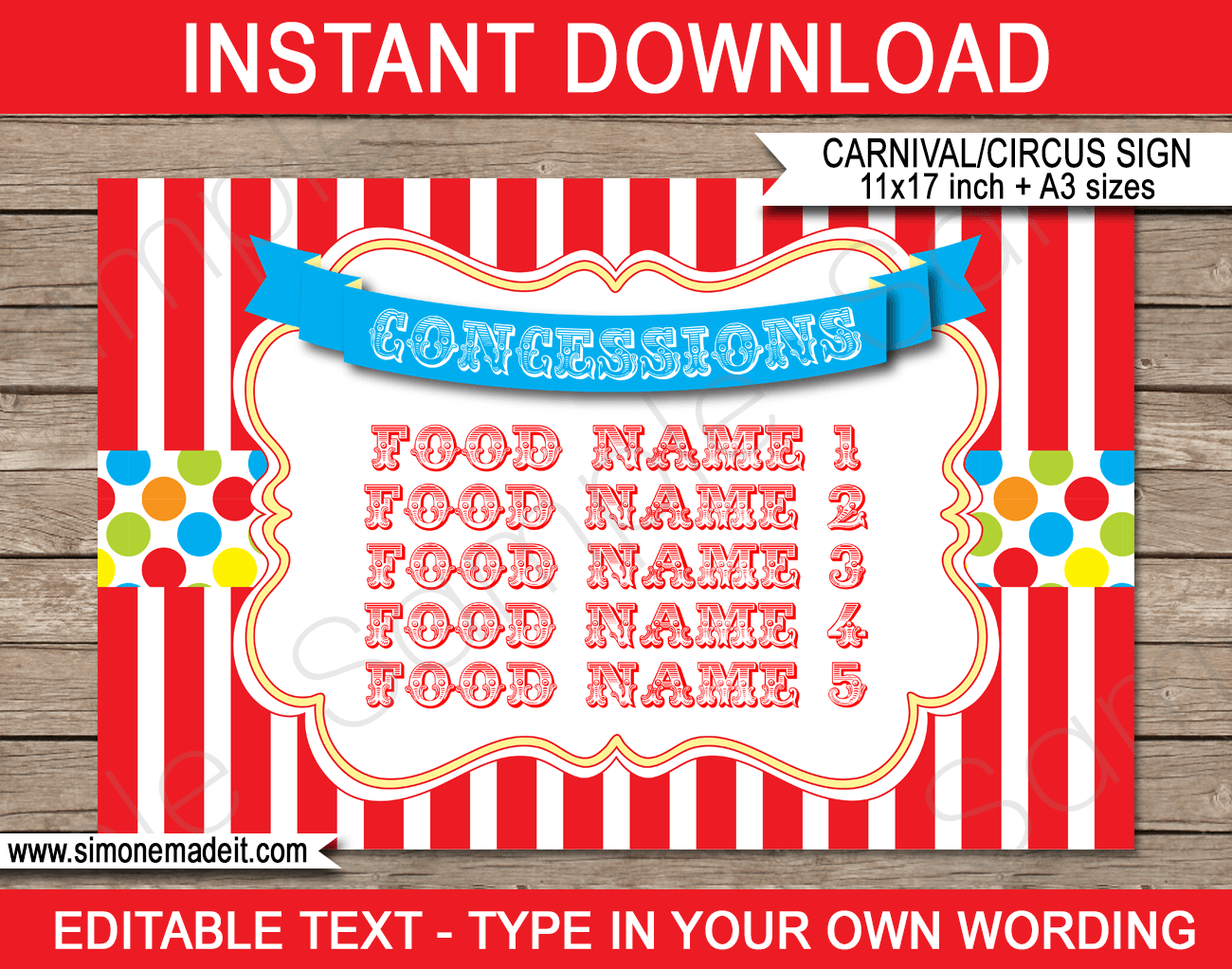 Printable Carnival Concessions Sign Template Circus Party Decoration