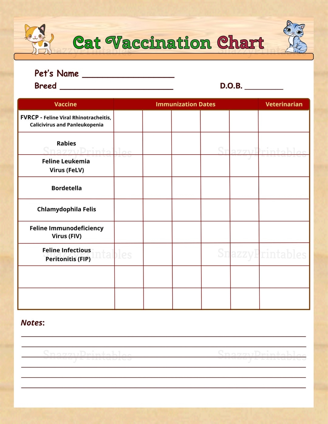 Printable Cat Vaccination Chart Pet Medical Record Cat Vaccinations Instant Download PDF Etsy