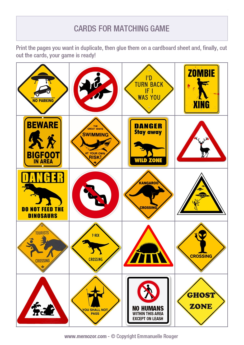 Printable Matching Game For Kids Funny Road Signs Print And Cut Out The Cards Memozor