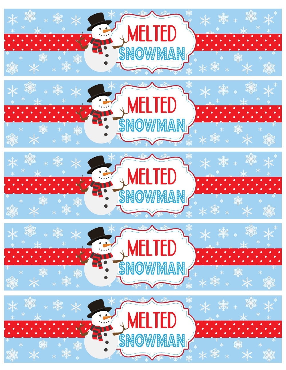 Printable Melted Snowman Water Bottle Label Christmas Water Bottle Label Christmas Party Instant Download DIY Etsy
