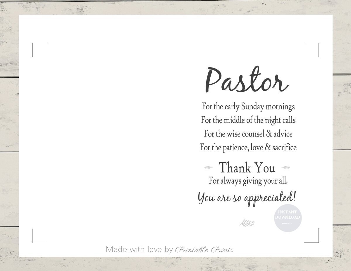 Printable PASTOR APPRECIATION Card 5x7 CARD Gift For Pastor Thank You Instant Download White Card Template Jpeg File Quick Etsy
