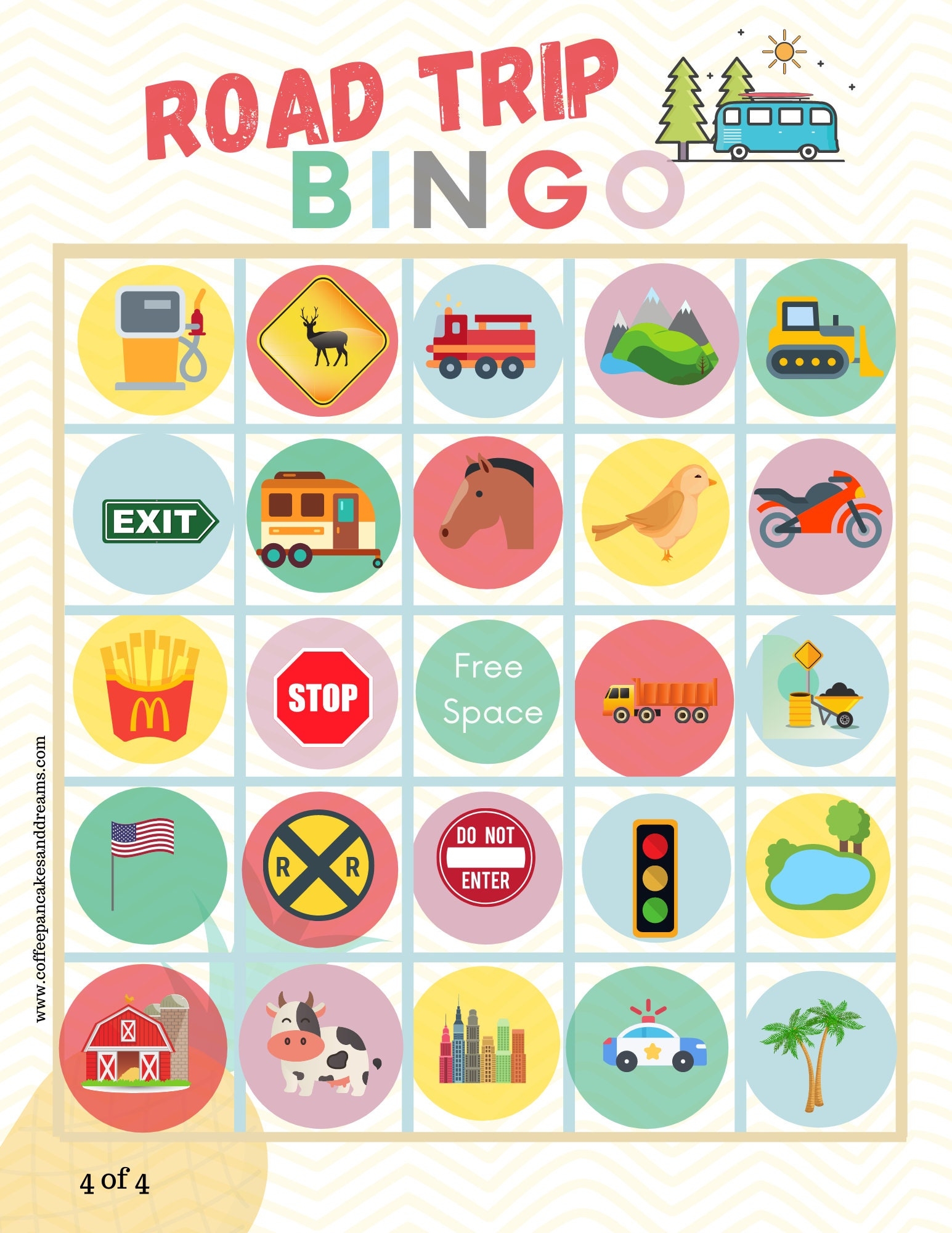 Printable Road Trip Bingo Set Of 4 Unique Cards Car Bingo Game Travel Games Kids Etsy