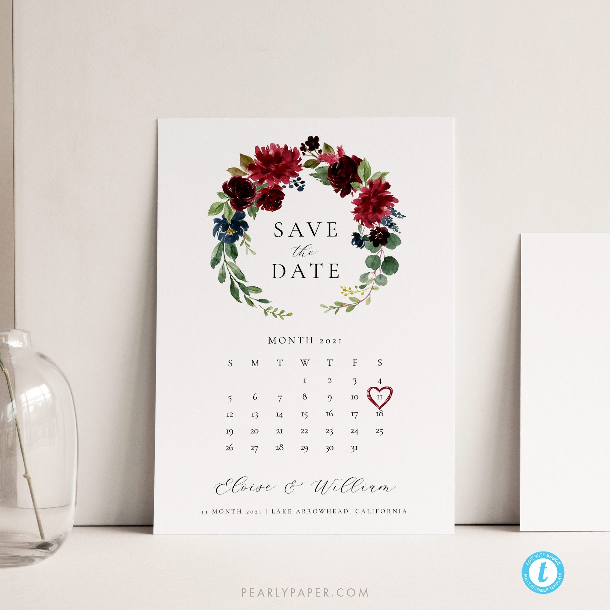 Printable Save The Date Template Calendar Save Our Date Invitation Templett Marsala Burgundy Merlot Invite Calligraphy DIY Download 12 Etsy