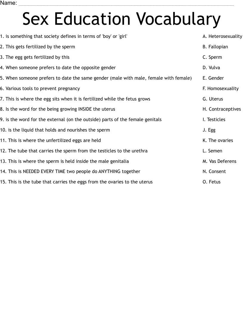 Sex Education Vocabulary Worksheet WordMint