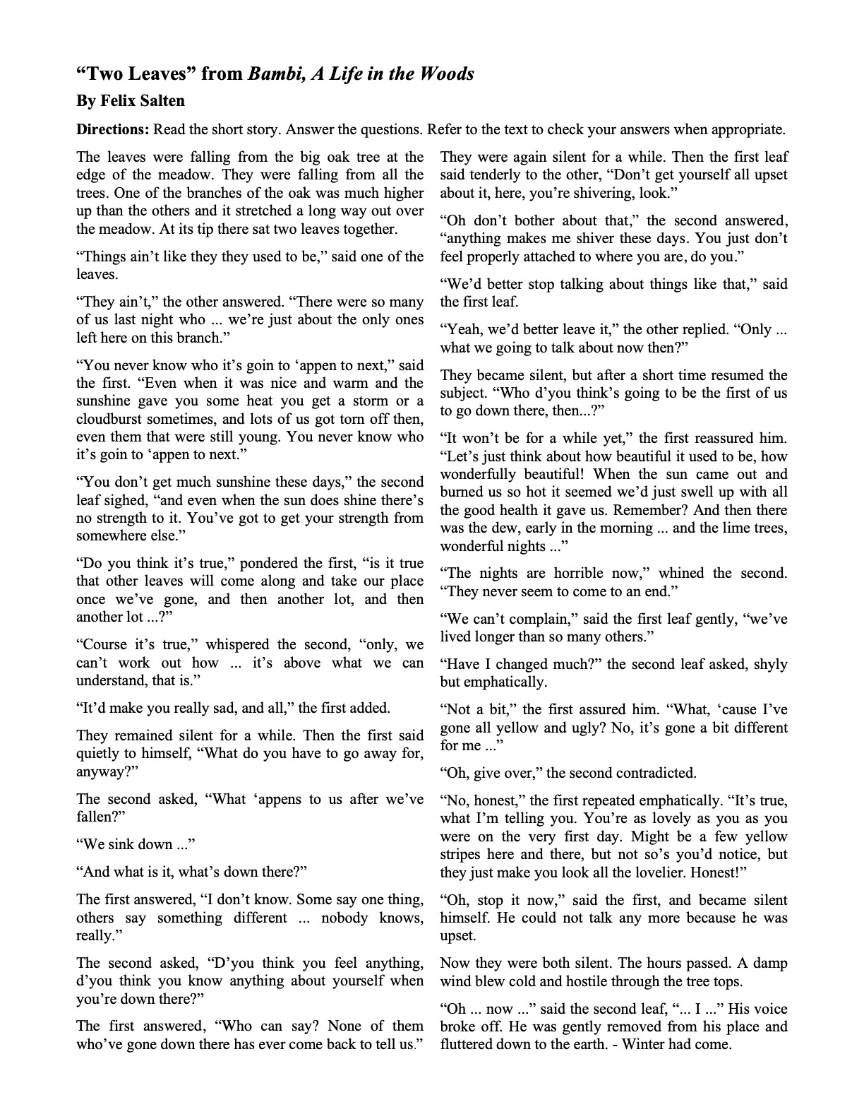 Short Stories With Questions Ereading Worksheets