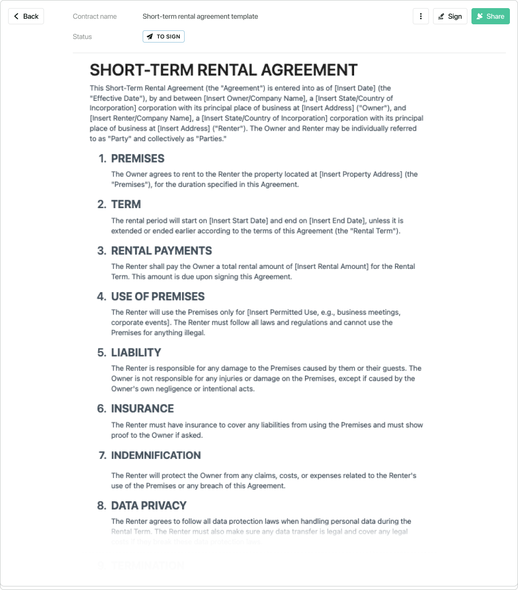 Short term Rental Agreement Free To Use