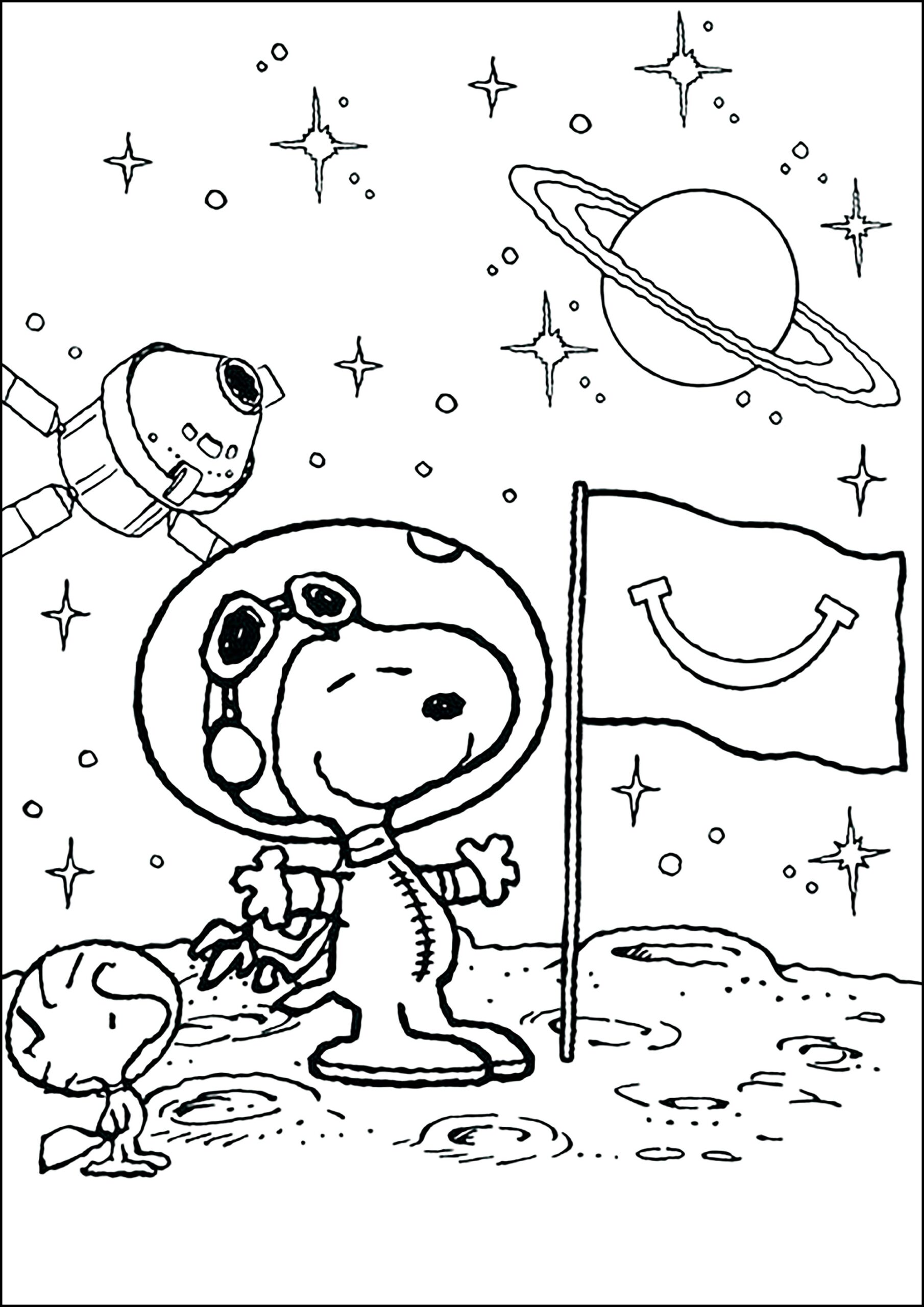 Snoopy The Astronaut Discovers The Moon With Woodstock Snoopy Coloring Pages For Kids
