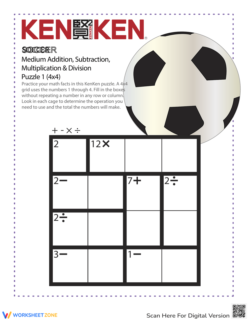 Soccer KenKen Puzzle Worksheet
