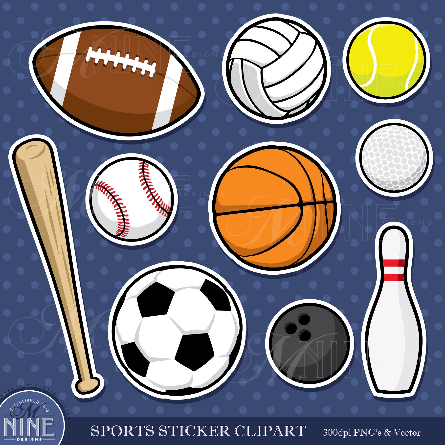 SPORTS Sticker Clip Art SPORTS BALL Clipart Downloads Sports Clipart Vector Football Baseball Soccer Sticker Clipart Etsy