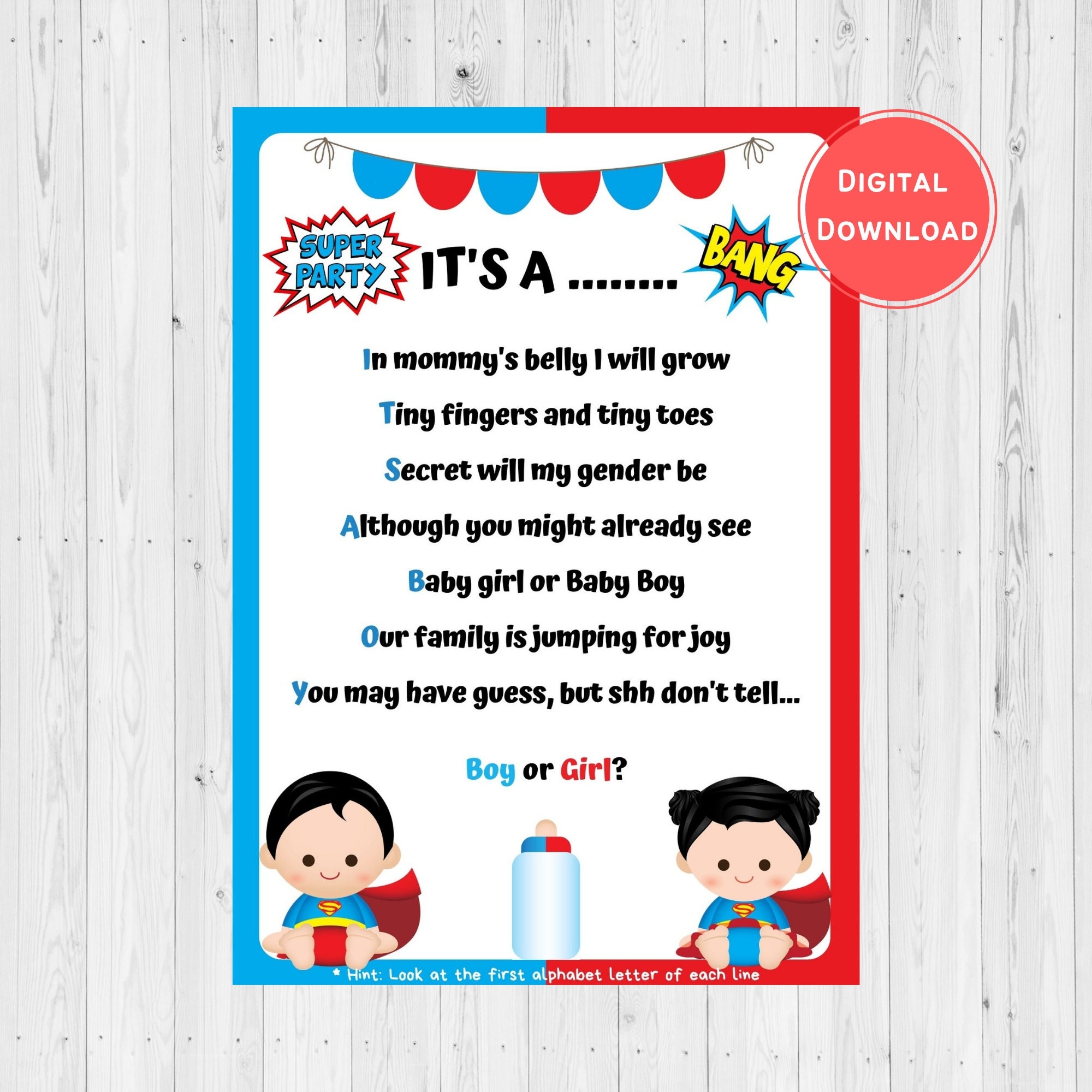 Superhero Gender Reveal Card Printable Superhero Gender Reveal Riddles Gender Reveal Poem Gender Reveal Party Card The Big Reveal Etsy